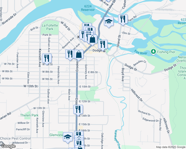 map of restaurants, bars, coffee shops, grocery stores, and more near 714 Metoxen Avenue in Kaukauna