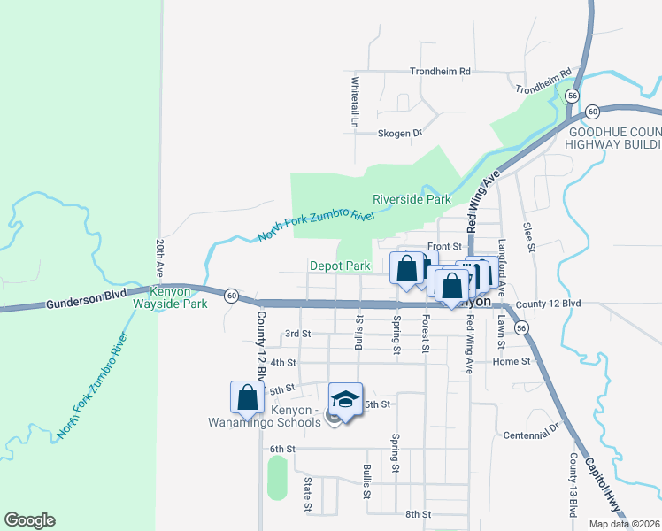 map of restaurants, bars, coffee shops, grocery stores, and more near 26 Washington Street in Kenyon