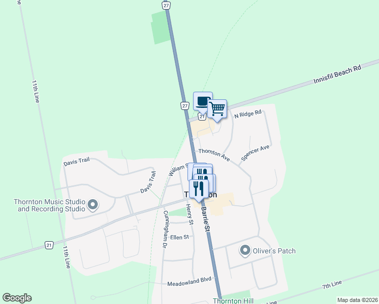 map of restaurants, bars, coffee shops, grocery stores, and more near 209 Barrie Street in Thornton