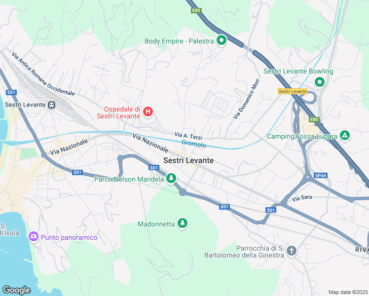 map of restaurants, bars, coffee shops, grocery stores, and more near 38 Via Arnaldo Terzi in Sestri Levante