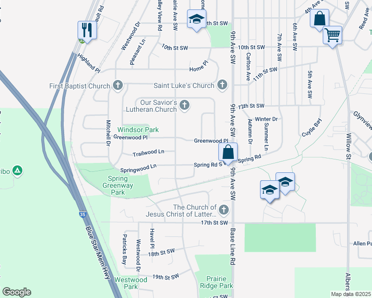 map of restaurants, bars, coffee shops, grocery stores, and more near 1415 Prairie Avenue Southwest in Faribault
