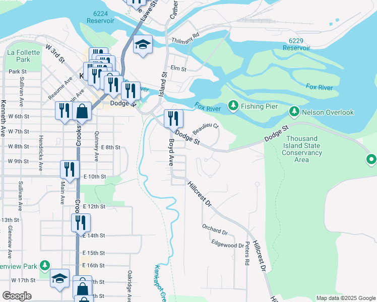 map of restaurants, bars, coffee shops, grocery stores, and more near 801 Dodge Street in Kaukauna
