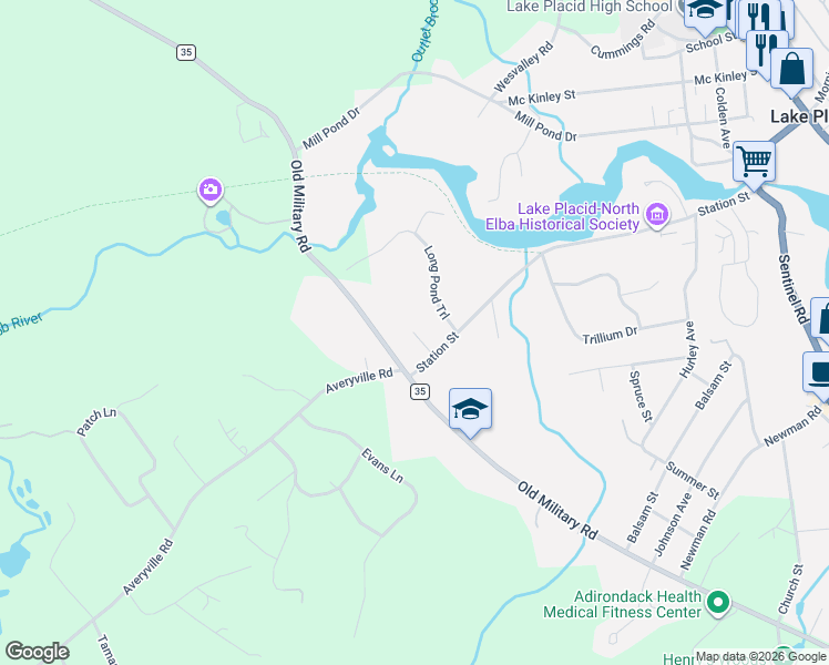map of restaurants, bars, coffee shops, grocery stores, and more near 35 Station St in Lake Placid
