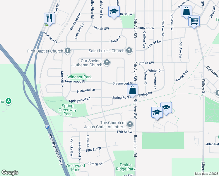 map of restaurants, bars, coffee shops, grocery stores, and more near 1118 Greenwood Place in Faribault