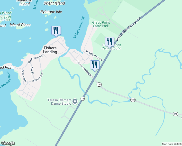 map of restaurants, bars, coffee shops, grocery stores, and more near 41878 Fishers Landing Road in Alexandria Bay