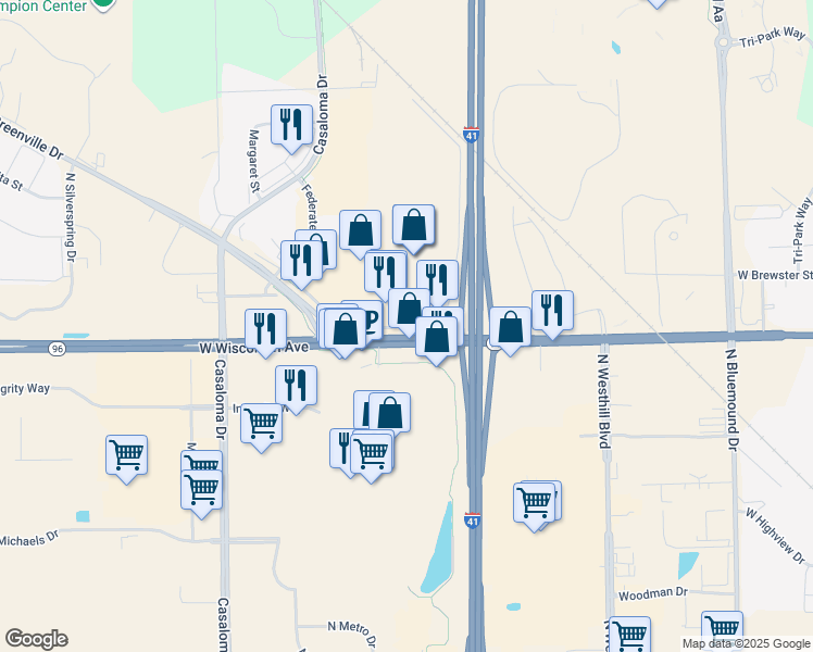 map of restaurants, bars, coffee shops, grocery stores, and more near 7002 West Brewster Street in Appleton
