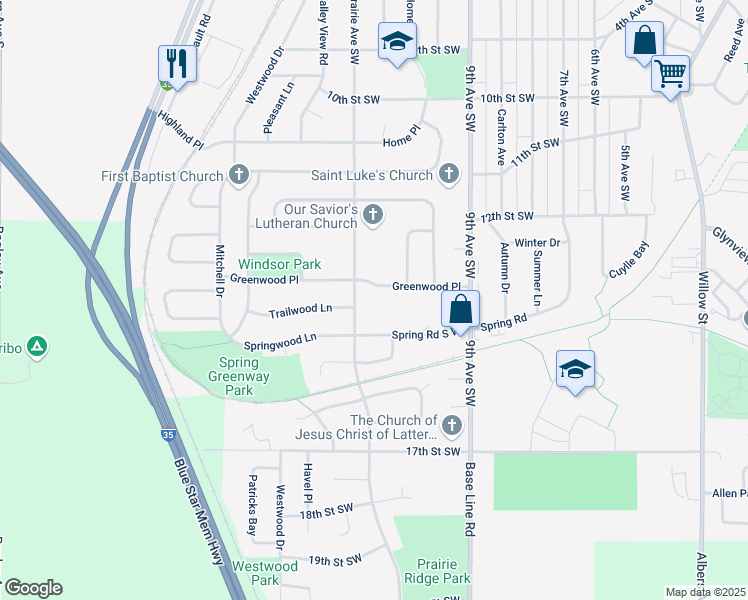 map of restaurants, bars, coffee shops, grocery stores, and more near 1415 Prairie Avenue Southwest in Faribault