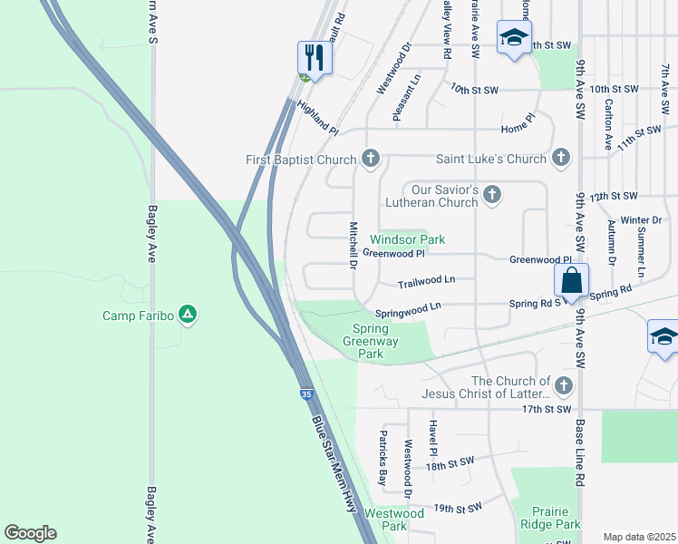map of restaurants, bars, coffee shops, grocery stores, and more near 4 Saint Marks Bay in Faribault