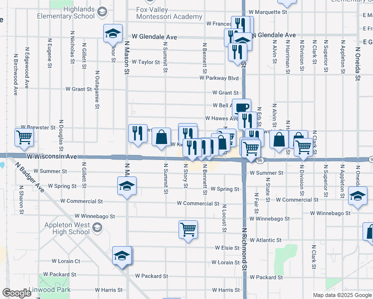 map of restaurants, bars, coffee shops, grocery stores, and more near 928 West Kamps Avenue in Appleton
