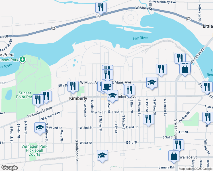 map of restaurants, bars, coffee shops, grocery stores, and more near 202 North Main Street in Kimberly