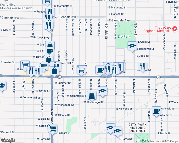 map of restaurants, bars, coffee shops, grocery stores, and more near 1404 North Superior Street in Appleton