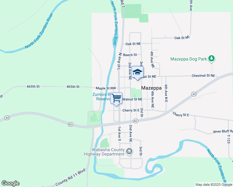 map of restaurants, bars, coffee shops, grocery stores, and more near 281 1st Avenue South in Mazeppa