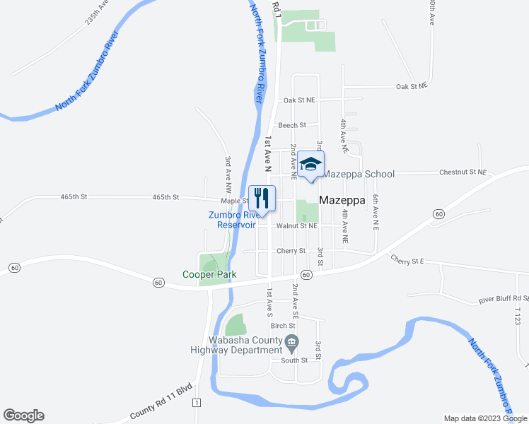 map of restaurants, bars, coffee shops, grocery stores, and more near 255 1st Avenue North in Mazeppa