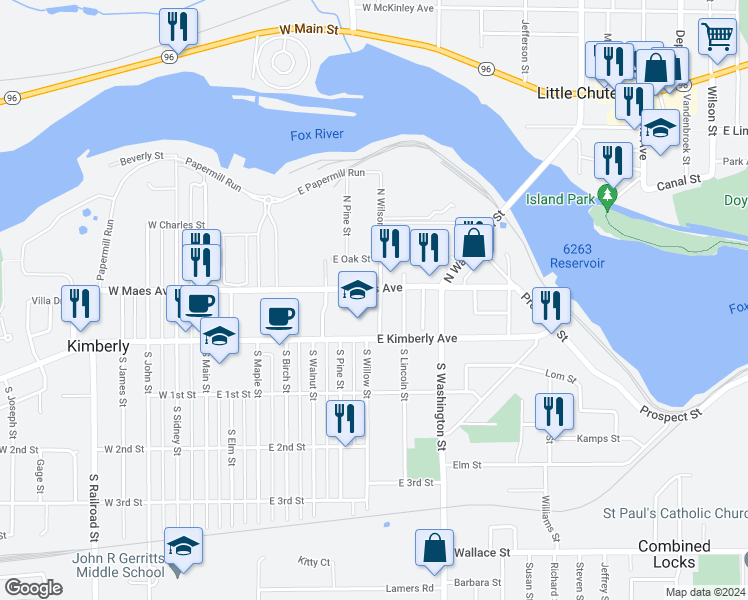 map of restaurants, bars, coffee shops, grocery stores, and more near 138 North Wilson Street in Kimberly