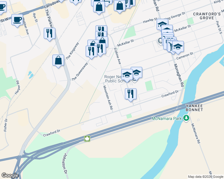 map of restaurants, bars, coffee shops, grocery stores, and more near 835 Cameron Street in Peterborough