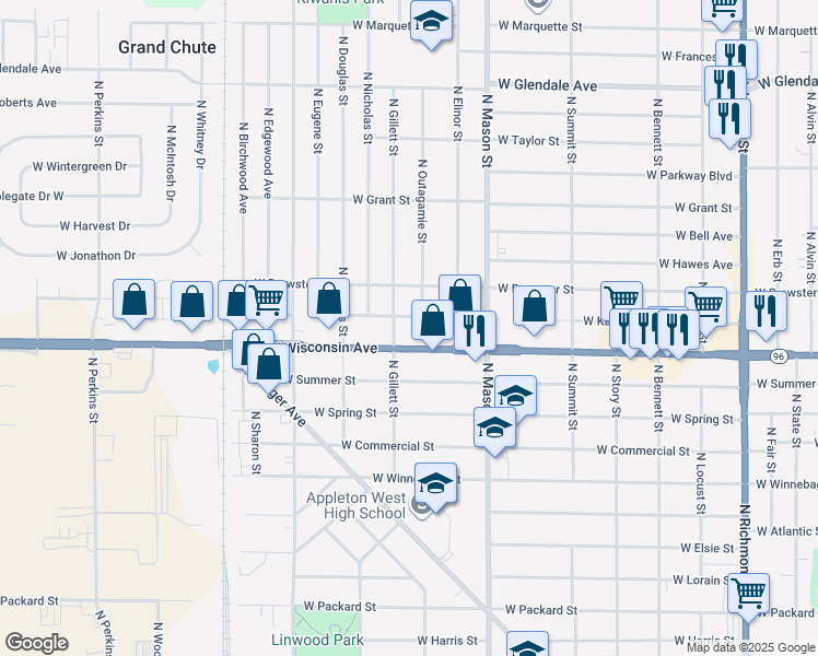 map of restaurants, bars, coffee shops, grocery stores, and more near 1404 North Gillett Street in Appleton