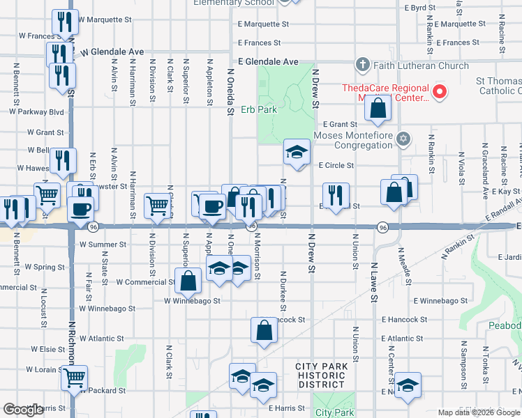 map of restaurants, bars, coffee shops, grocery stores, and more near 1320 North Morrison Street in Appleton