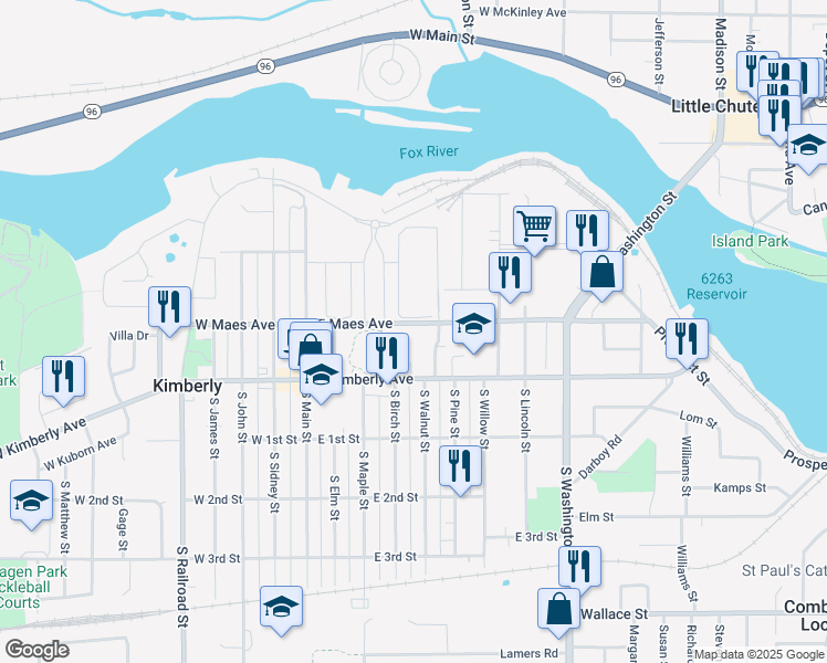 map of restaurants, bars, coffee shops, grocery stores, and more near 409 East Maes Avenue in Kimberly