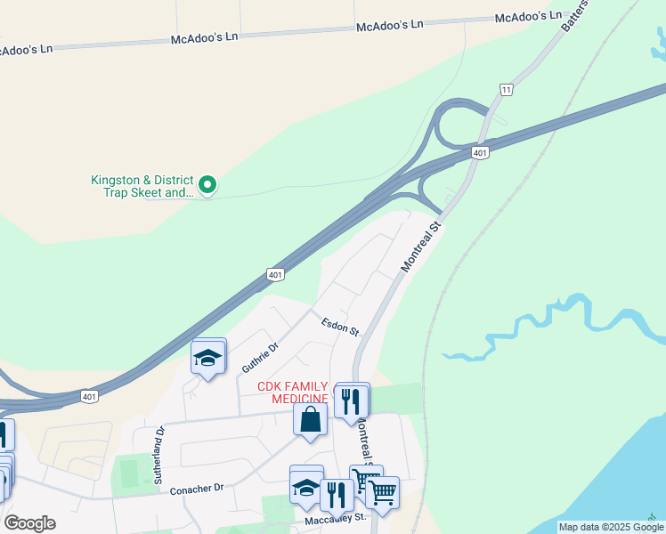map of restaurants, bars, coffee shops, grocery stores, and more near 234 Guthrie Drive in Kingston