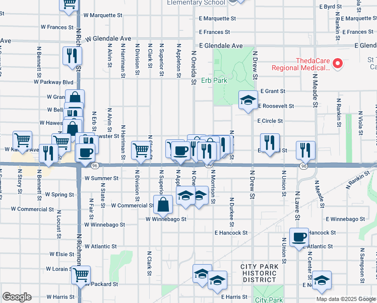 map of restaurants, bars, coffee shops, grocery stores, and more near 1400 North Appleton Street in Appleton