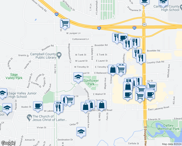 map of restaurants, bars, coffee shops, grocery stores, and more near 117 West Redwood Street in Gillette