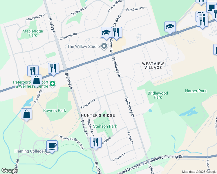 map of restaurants, bars, coffee shops, grocery stores, and more near 1669 Cahill Drive in Peterborough