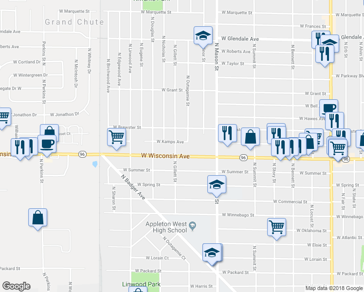 map of restaurants, bars, coffee shops, grocery stores, and more near 1415 West Kamps Avenue in Appleton