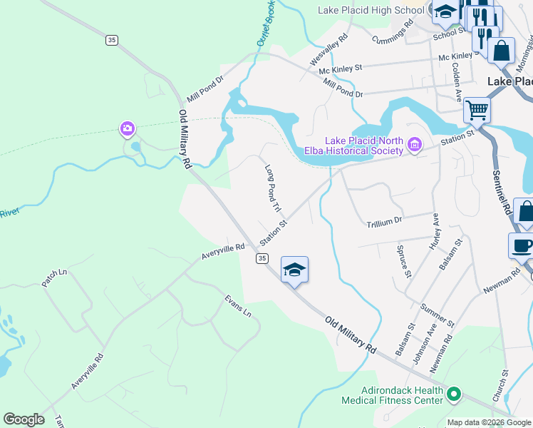 map of restaurants, bars, coffee shops, grocery stores, and more near 35 Station Street in Lake Placid