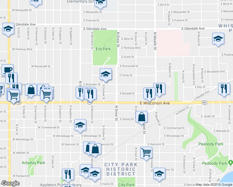 map of restaurants, bars, coffee shops, grocery stores, and more near 1366 North Drew Street in Appleton