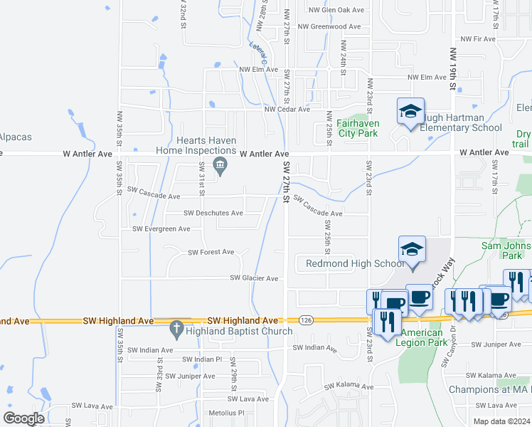 map of restaurants, bars, coffee shops, grocery stores, and more near 400 Southwest 28th Street in Redmond