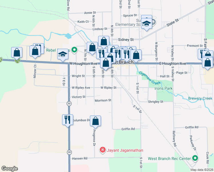 map of restaurants, bars, coffee shops, grocery stores, and more near 201-299 South 4th Street in West Branch