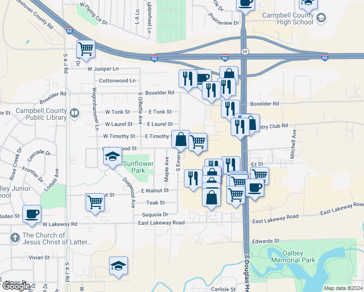 map of restaurants, bars, coffee shops, grocery stores, and more near 2209 South Emerson Avenue in Gillette