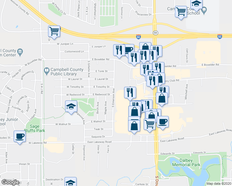 map of restaurants, bars, coffee shops, grocery stores, and more near 2209 South Emerson Avenue in Gillette