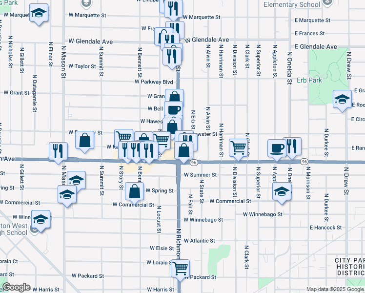 map of restaurants, bars, coffee shops, grocery stores, and more near 635 West Brewster Street in Appleton