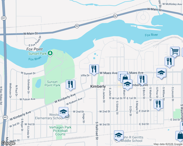 map of restaurants, bars, coffee shops, grocery stores, and more near 210 Rivers Edge Drive in Kimberly