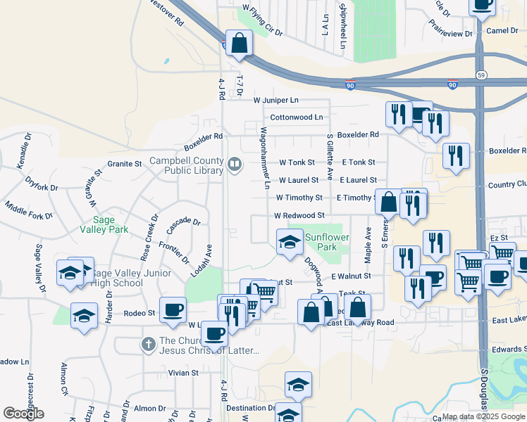 map of restaurants, bars, coffee shops, grocery stores, and more near 2214 Wagonhammer Lane in Gillette