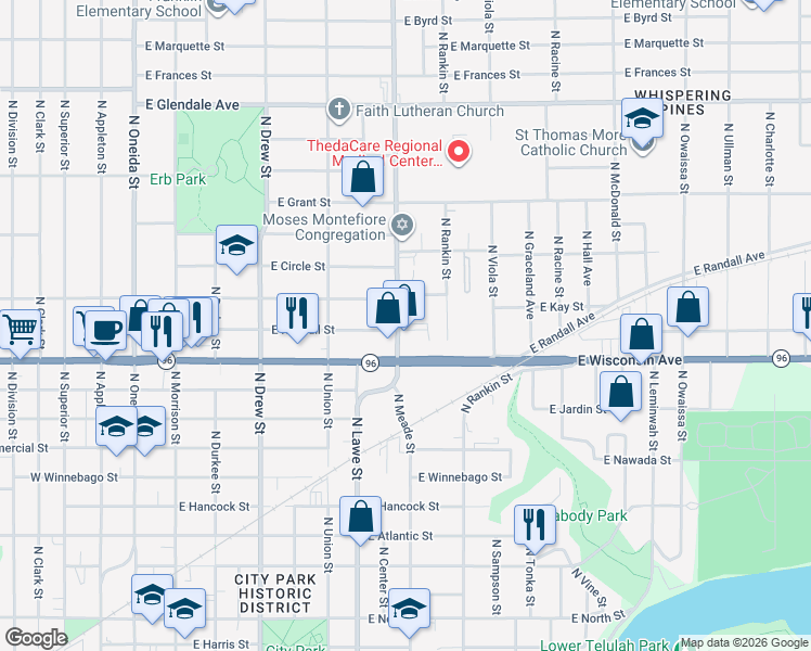 map of restaurants, bars, coffee shops, grocery stores, and more near 1408 North Meade Street in Appleton