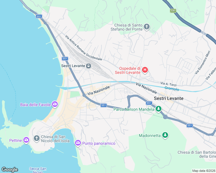 map of restaurants, bars, coffee shops, grocery stores, and more near 121 Via Nazionale in Sestri Levante