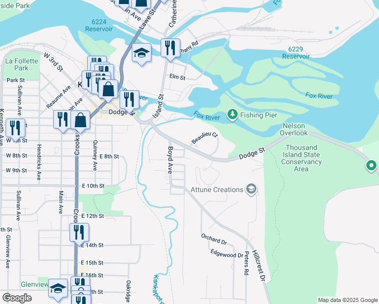 map of restaurants, bars, coffee shops, grocery stores, and more near 801 Dodge Street in Kaukauna