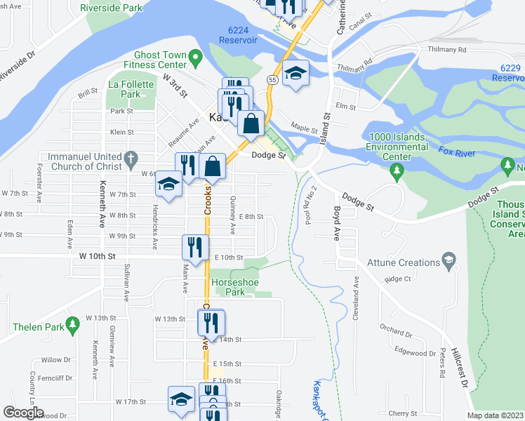 map of restaurants, bars, coffee shops, grocery stores, and more near 714 Metoxen Avenue in Kaukauna