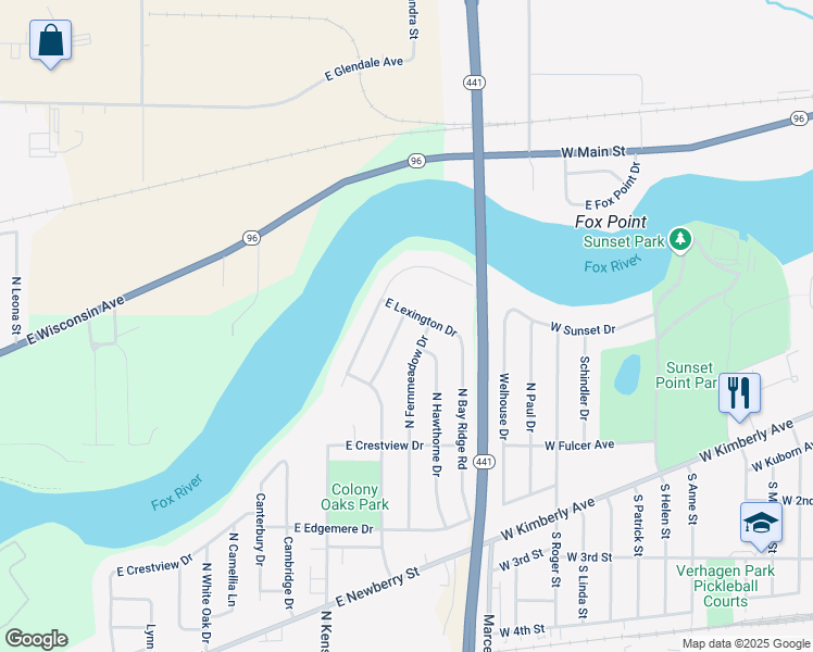 map of restaurants, bars, coffee shops, grocery stores, and more near 3515 East Lexington Drive in Appleton