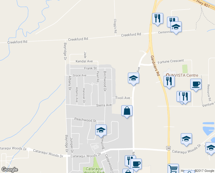 map of restaurants, bars, coffee shops, grocery stores, and more near 1478 Birchwood Drive in Kingston