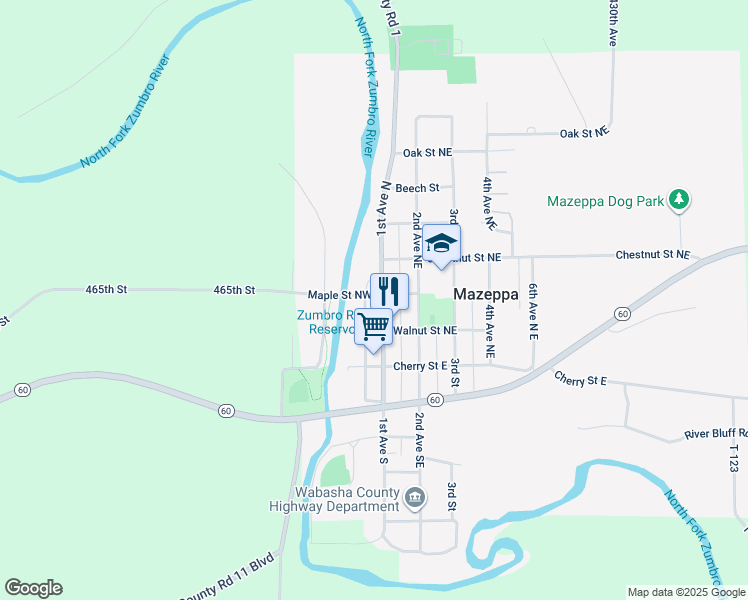 map of restaurants, bars, coffee shops, grocery stores, and more near 281 1st Avenue South in Mazeppa