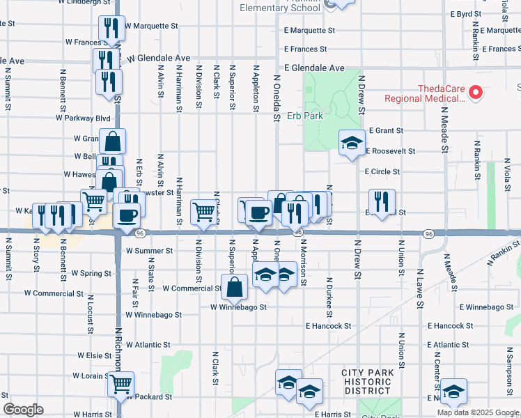 map of restaurants, bars, coffee shops, grocery stores, and more near 1400 North Appleton Street in Appleton