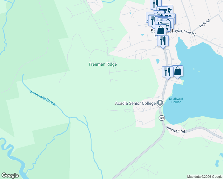 map of restaurants, bars, coffee shops, grocery stores, and more near 109 Freeman Ridge Road in Southwest Harbor