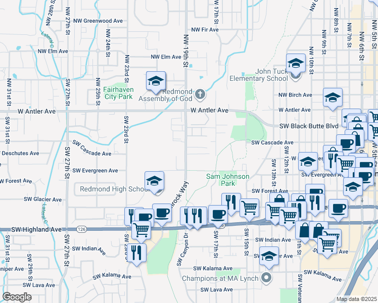 map of restaurants, bars, coffee shops, grocery stores, and more near 360 SW Rimrock Way in Redmond