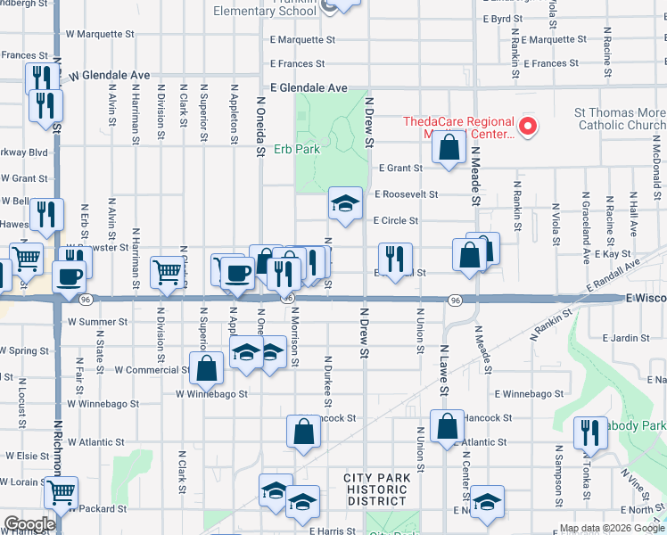 map of restaurants, bars, coffee shops, grocery stores, and more near 304 East Randall Street in Appleton