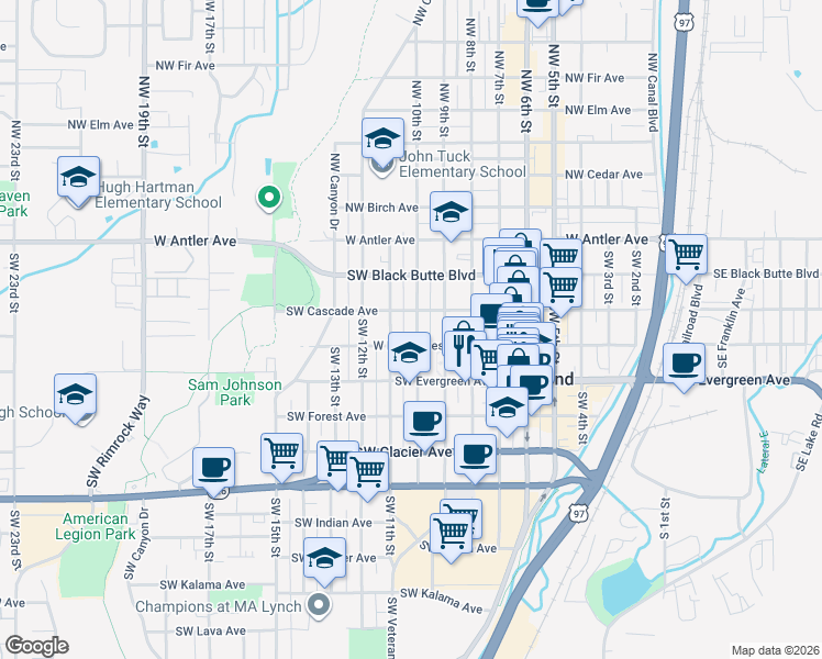 map of restaurants, bars, coffee shops, grocery stores, and more near 327 Southwest 10th Street in Redmond