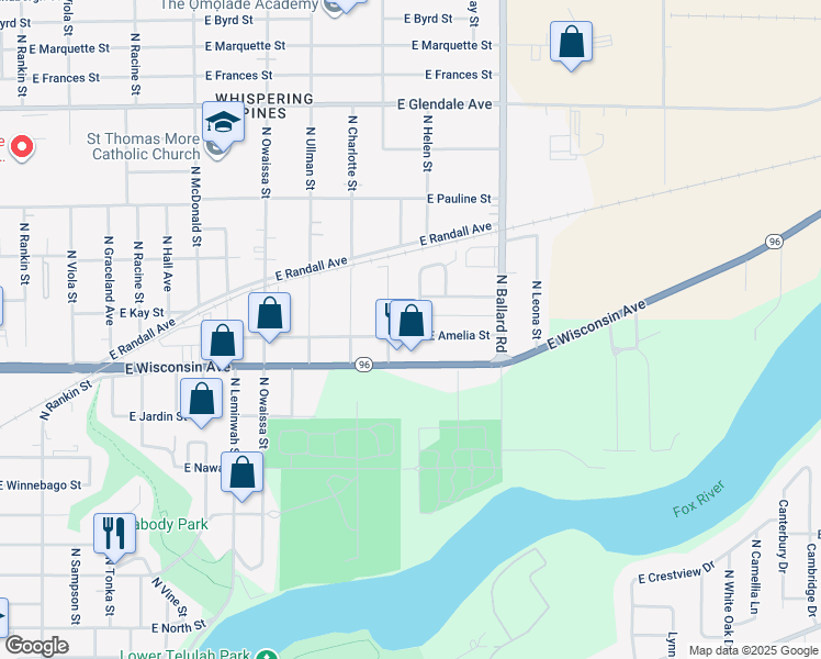 map of restaurants, bars, coffee shops, grocery stores, and more near 1628 East Amelia Street in Appleton