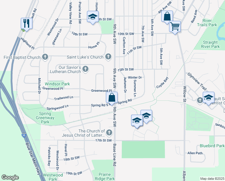 map of restaurants, bars, coffee shops, grocery stores, and more near 901 Greenwood Place in Faribault